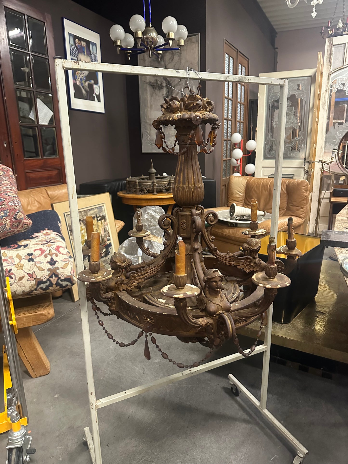 Stunning, Napoleon III, carved gilt wood chandelier with amber crystals