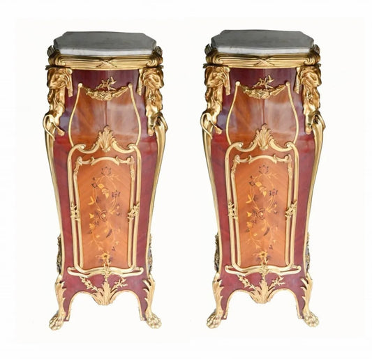 Pair of, antique inlaid marble top pot stands with bronze detailing