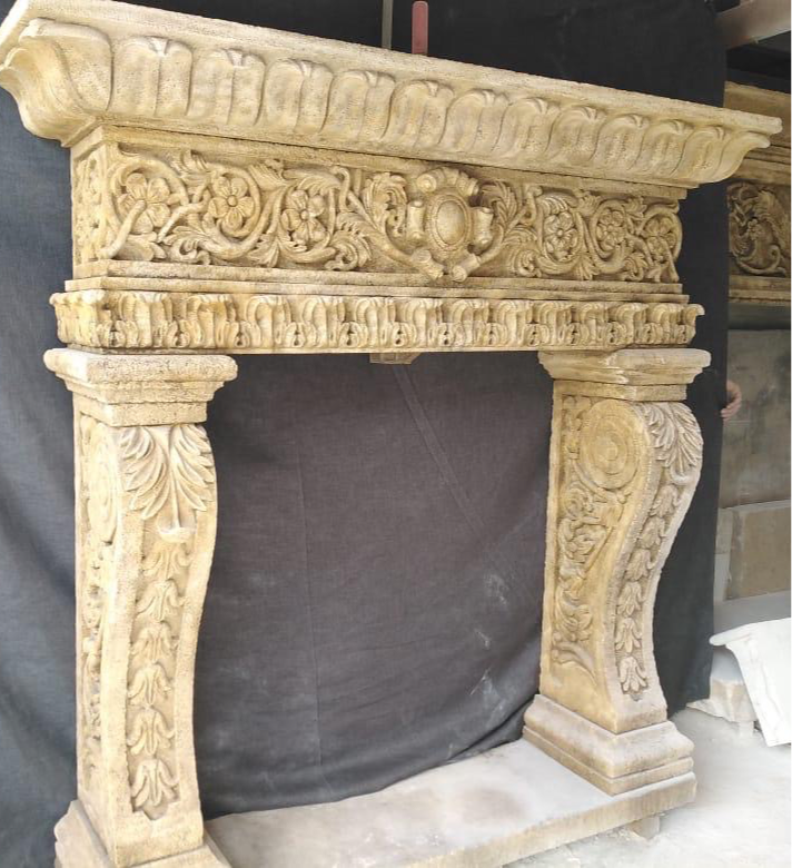 Beautiful, antique Italian, sandstone carved fireplace