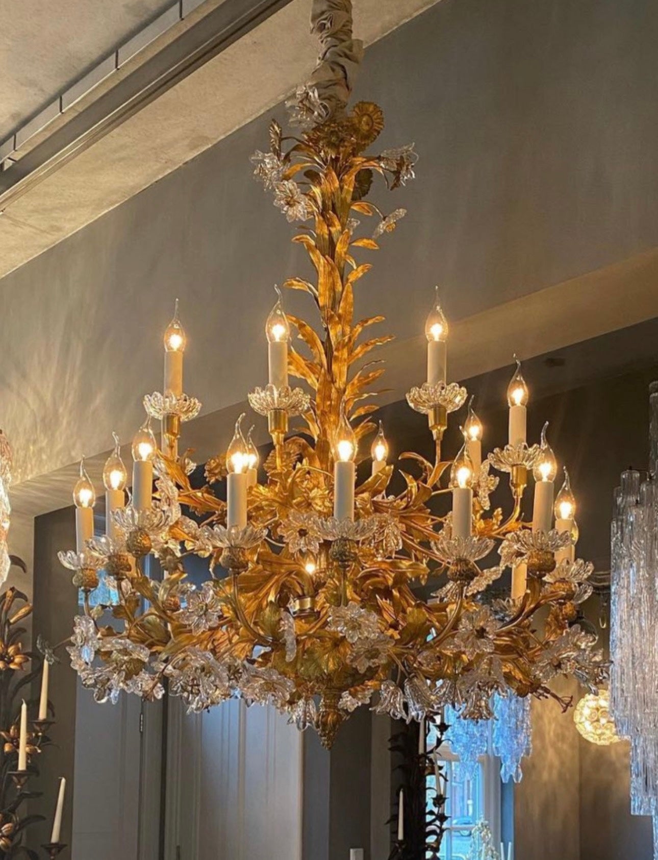 Very rare, antique french gilt bronze, floral chandelier with crystal