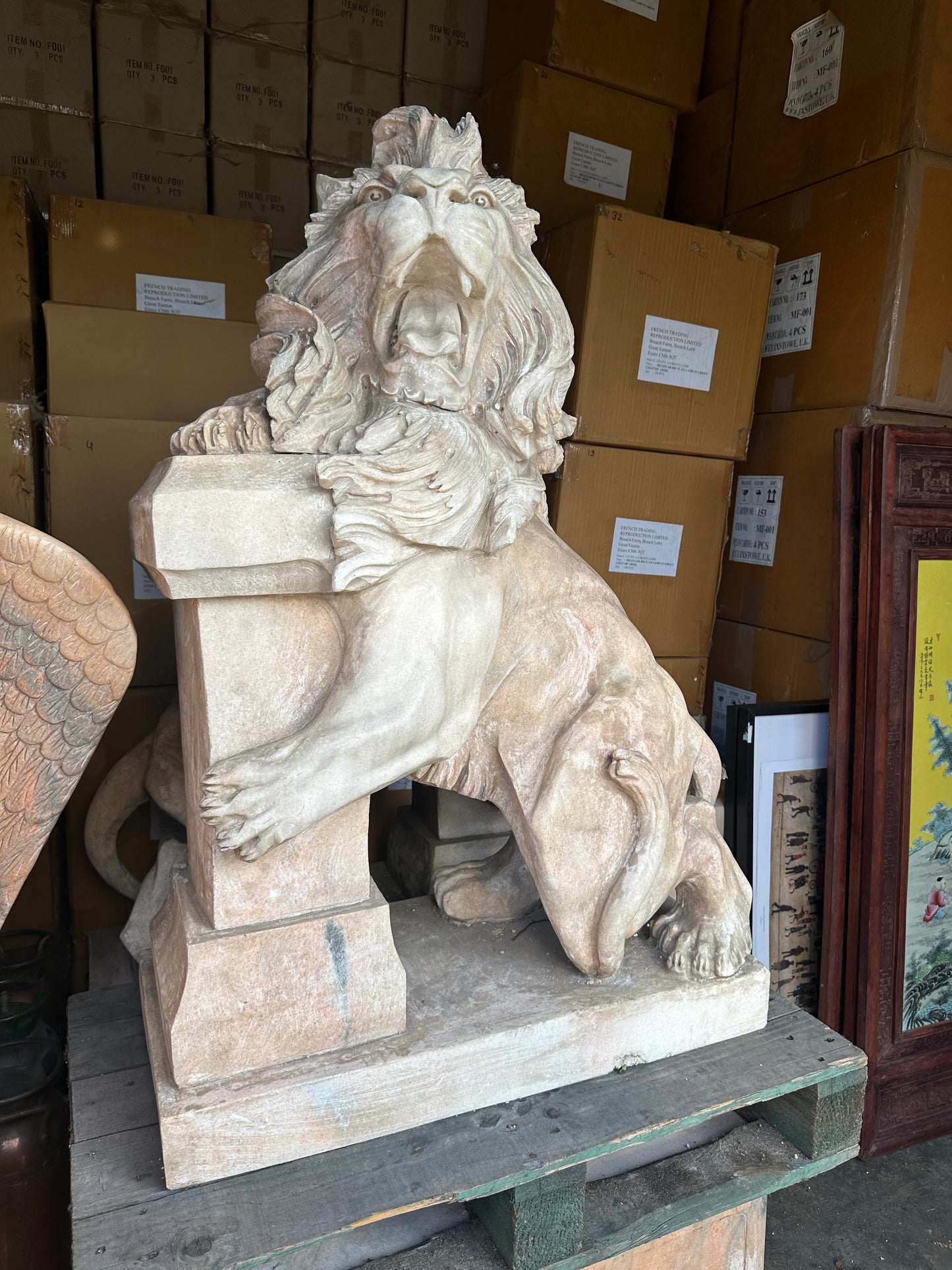 Pair of, Italian marble lions Earley 1900’s, with marble plinths (priced individually)