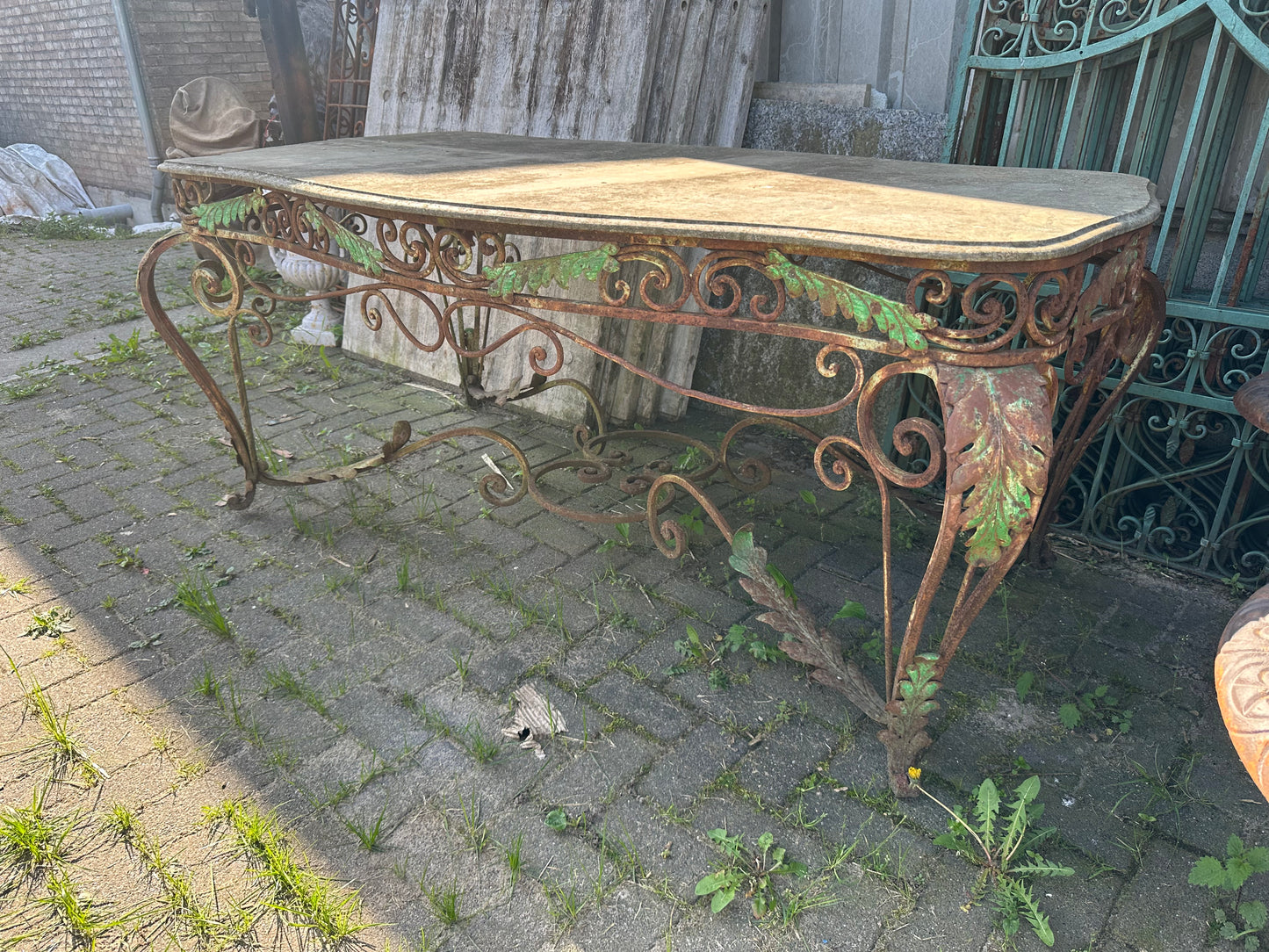 French antique, 6ft long, stone stop/metal base garden table