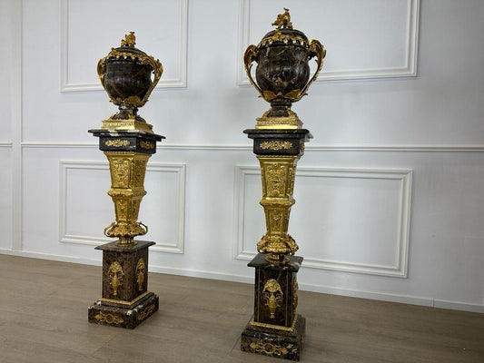 Royal, marble urns on marble stands with bronze ormolu decoration (pair available)