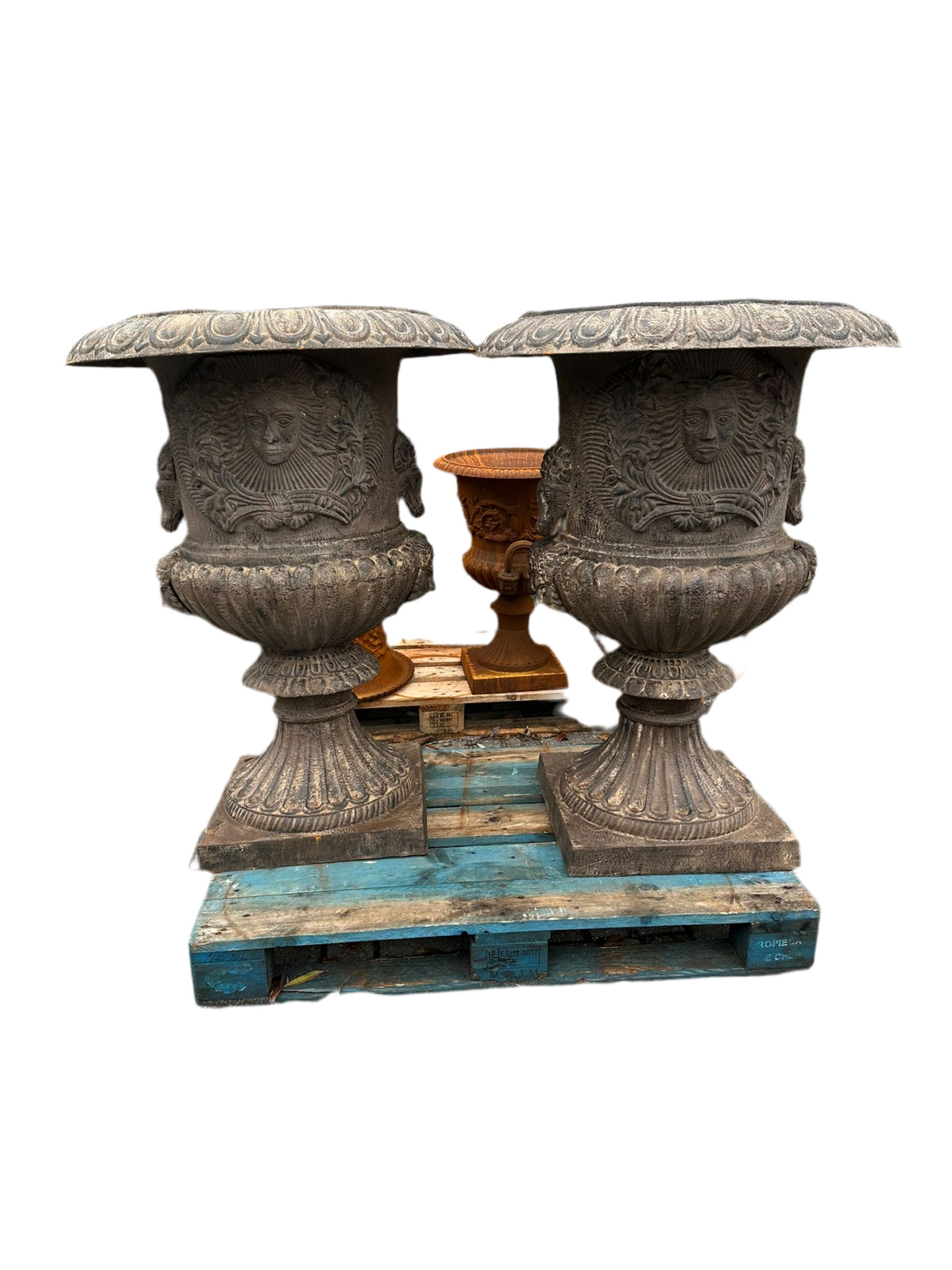 Pair of 4ft tall cast iron french urns