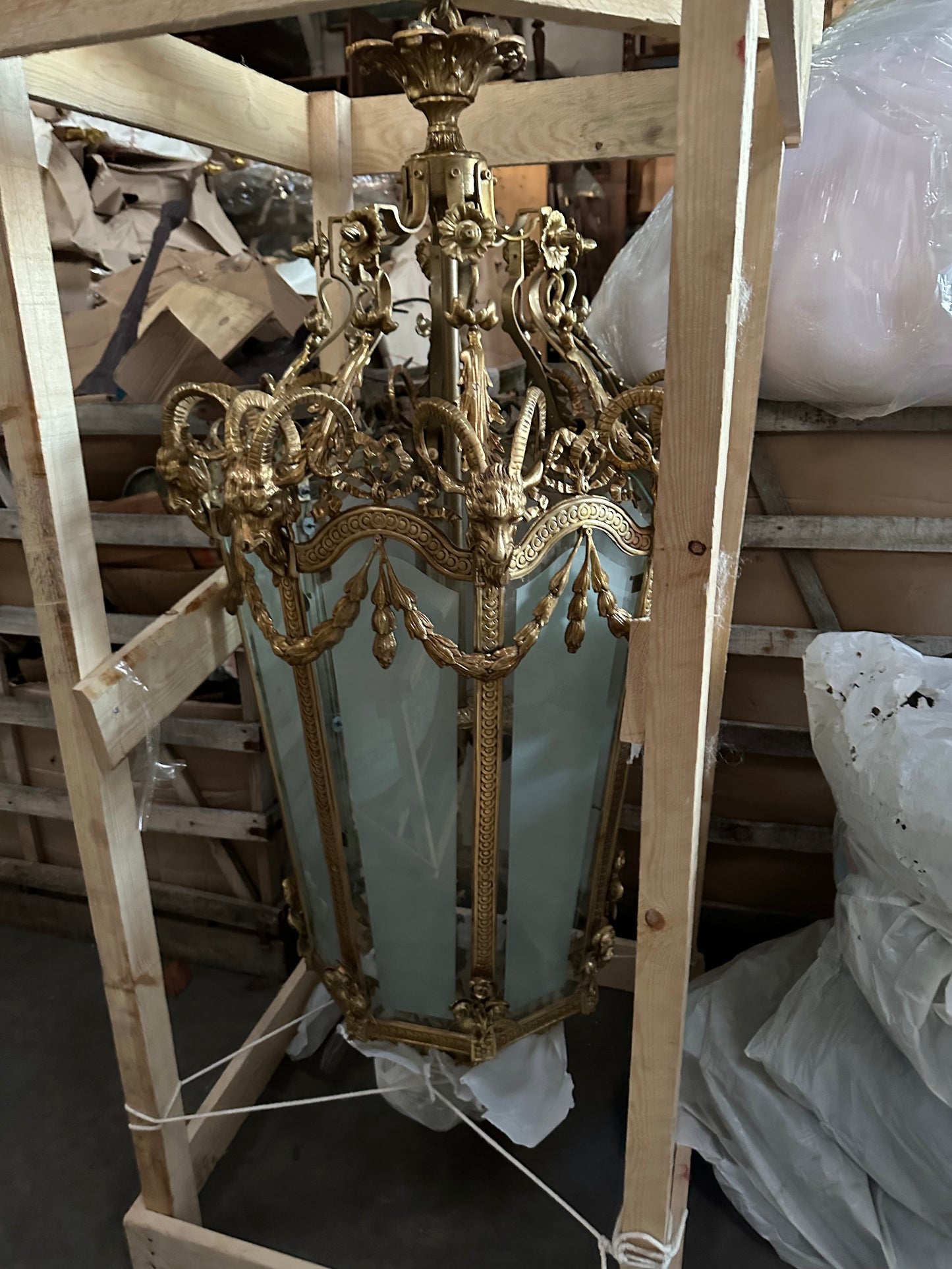 Extremely rare, bronze antique lanterns with gargoyle decorations and etched glass (pair available)