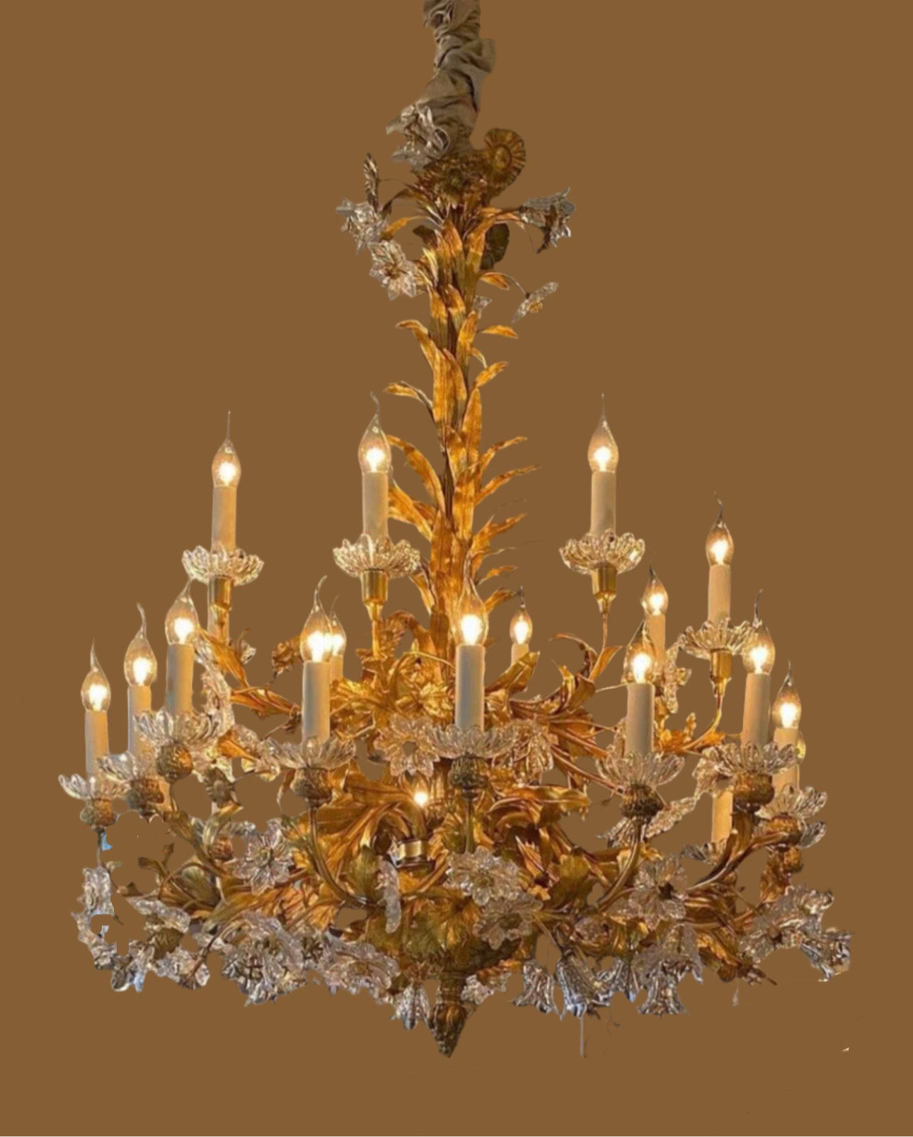 Very rare, antique french gilt bronze, floral chandelier with crystal