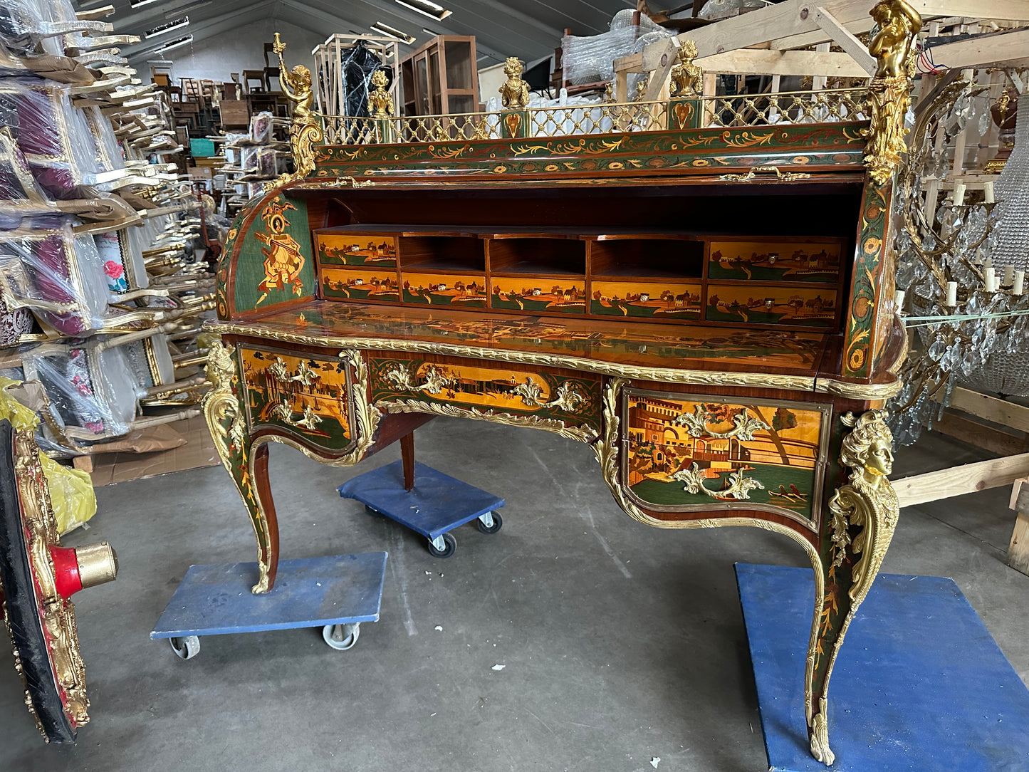 Beautiful, French inlaid bureau desk, with Roman scene