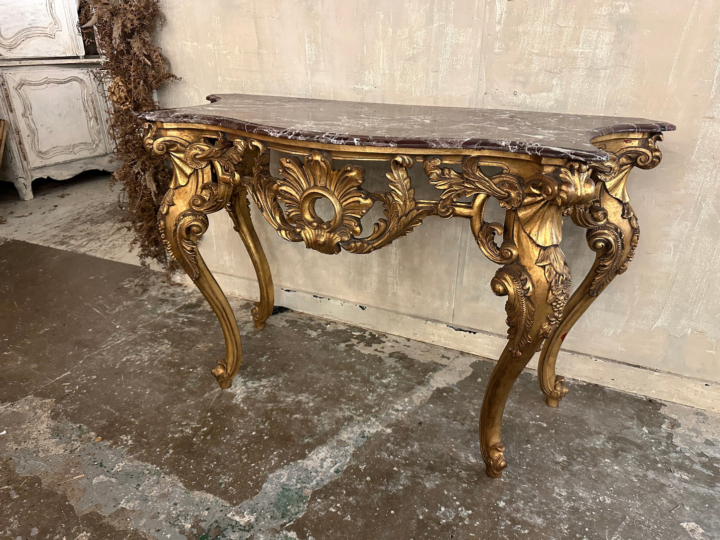 Fantastic antique French gilt wood console table with marble top (pair available)