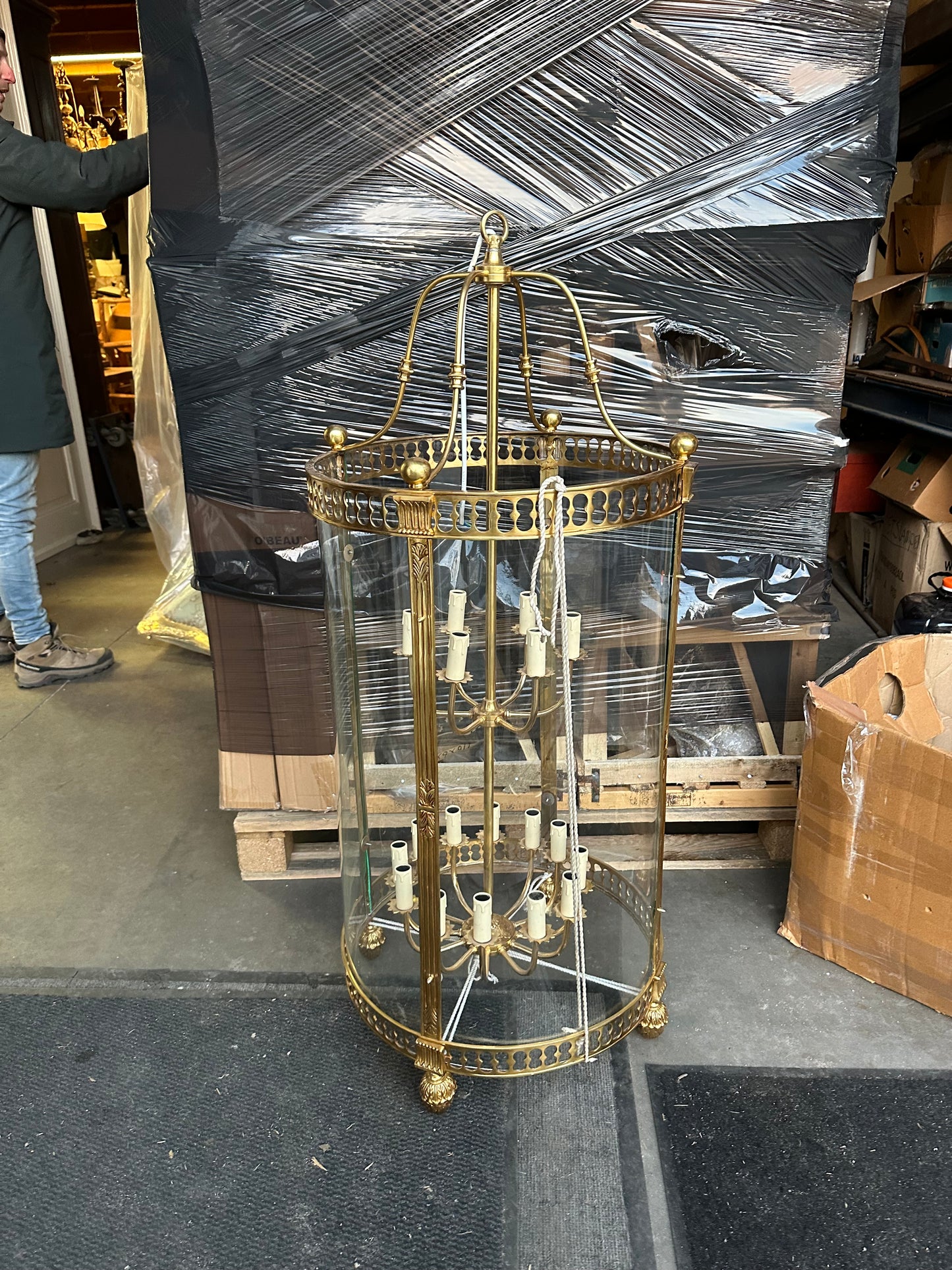 Fantastic, French 1.3m tall brass lantern with curved glass (pair available)