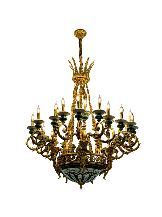 Beautiful, 1.9x1.5m malachite, porcelain and bronze chandelier (pair available)