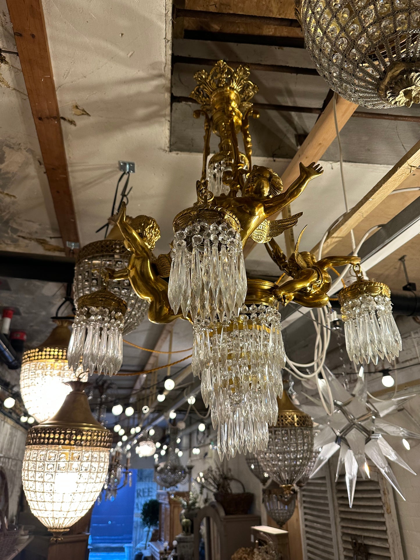 Solid bronze, French 3 tier cherub chandelier, with crystal