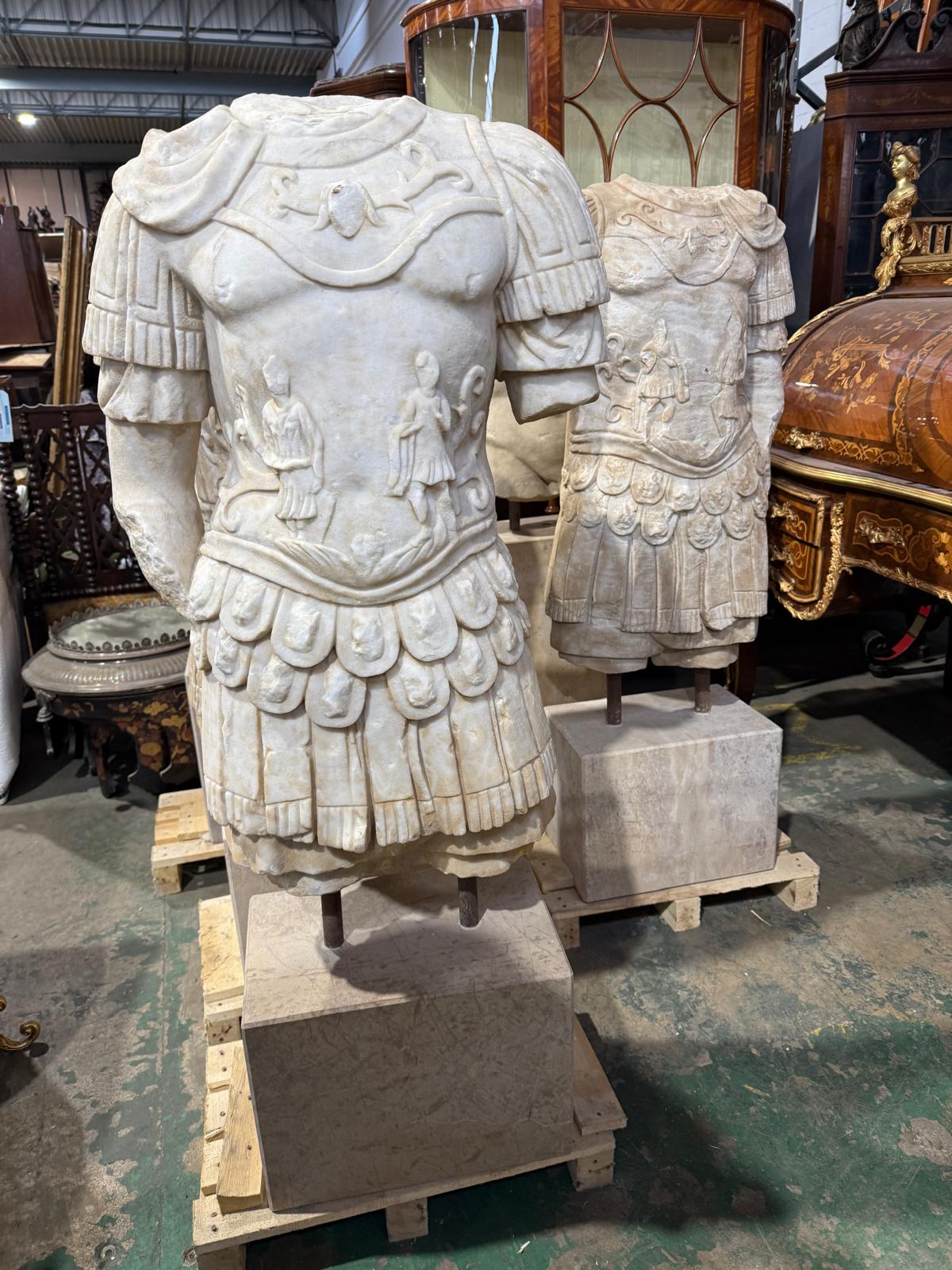 Pair of, Roman marble centurion busts on stands (priced individually)