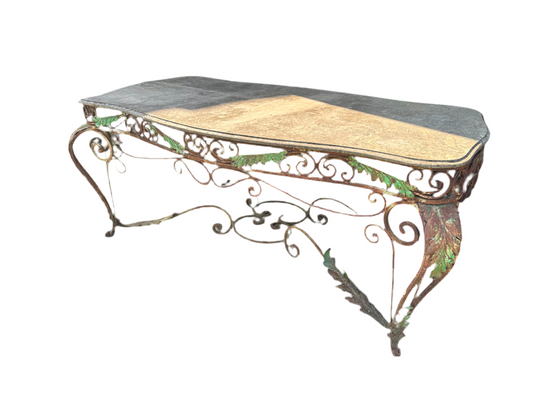 French antique, 6ft long, stone stop/metal base garden table