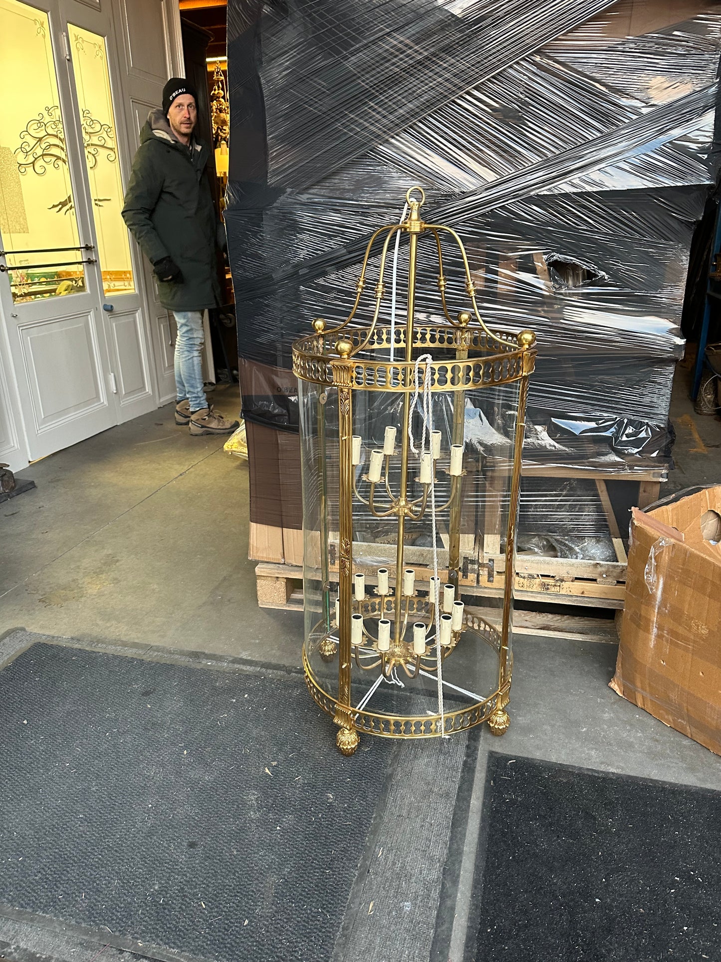 Fantastic, French 1.3m tall brass lantern with curved glass (pair available)