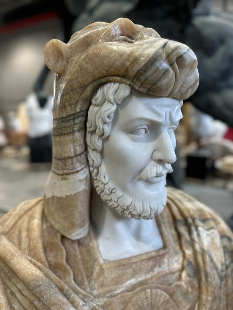 Infamous, Russian solid marble bust in stand, one of a kind