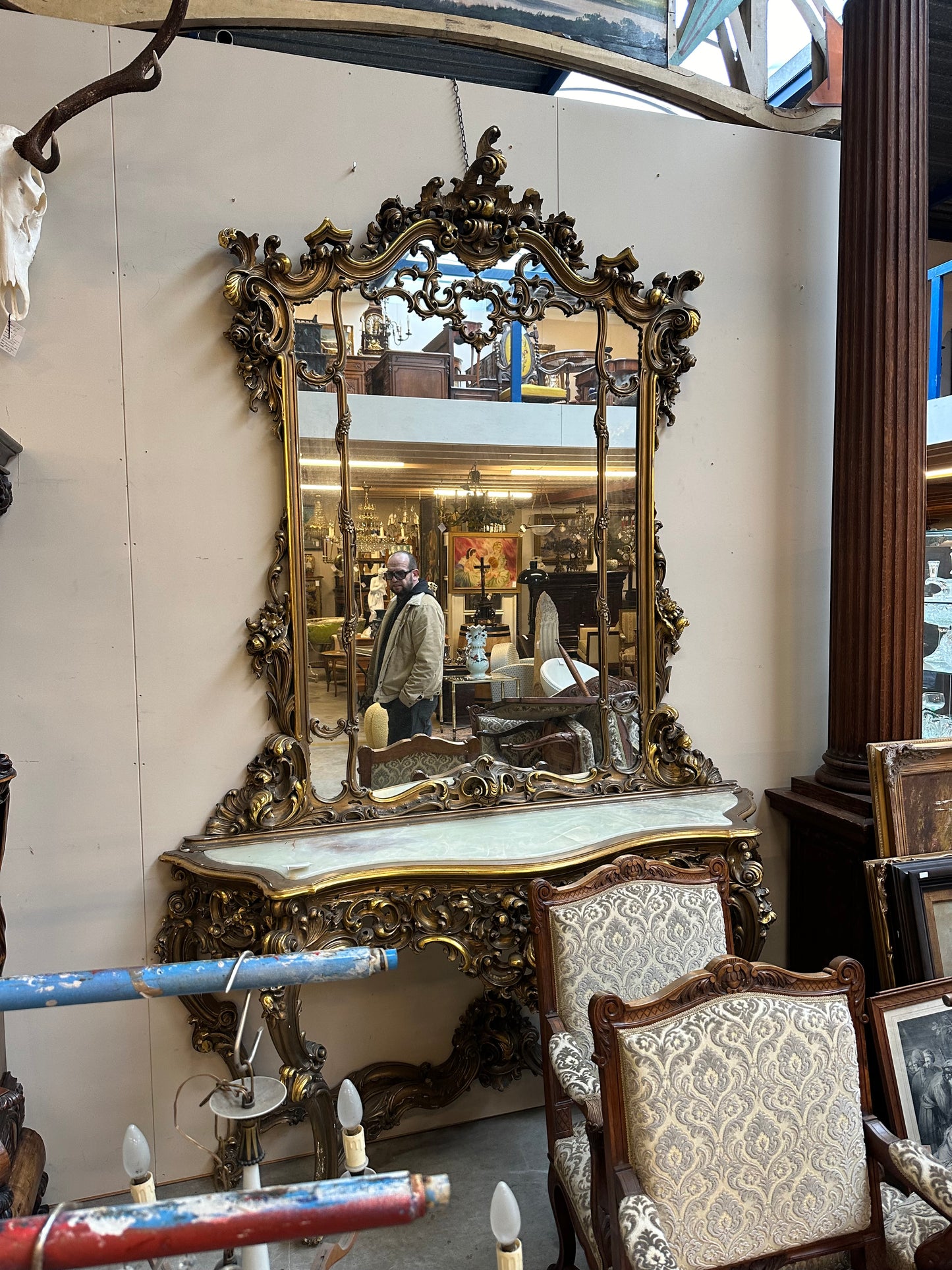 Huge, antique gilt wood, French console table and mirror, marble top