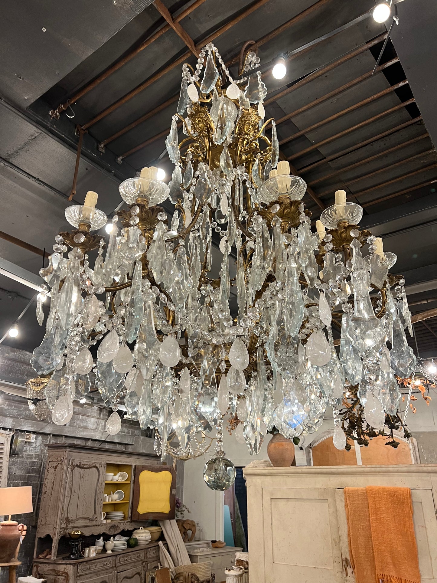 Huge, French rock crystal bronze chandeliers (pair available)