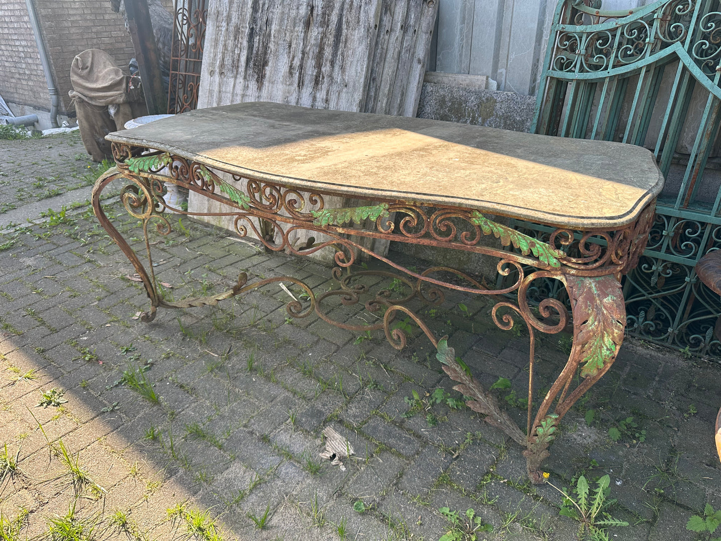 French antique, 6ft long, stone stop/metal base garden table