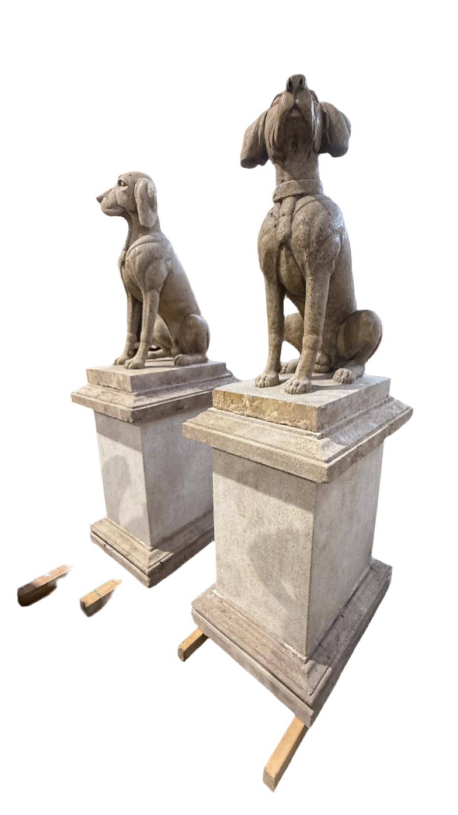 Pair of original, solid stone, early 1900’s, sitting dogs on plinths