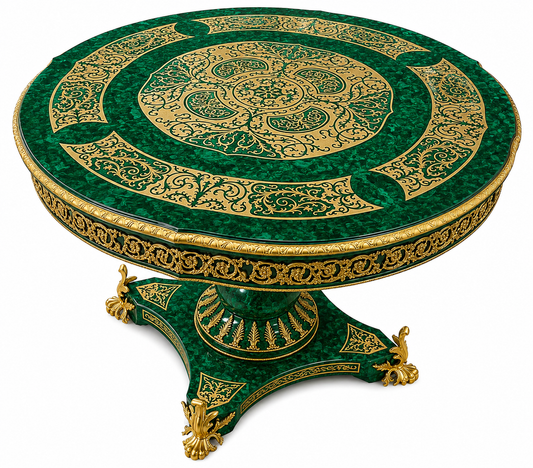 120cm round, bronze and malachite inlaid centre table