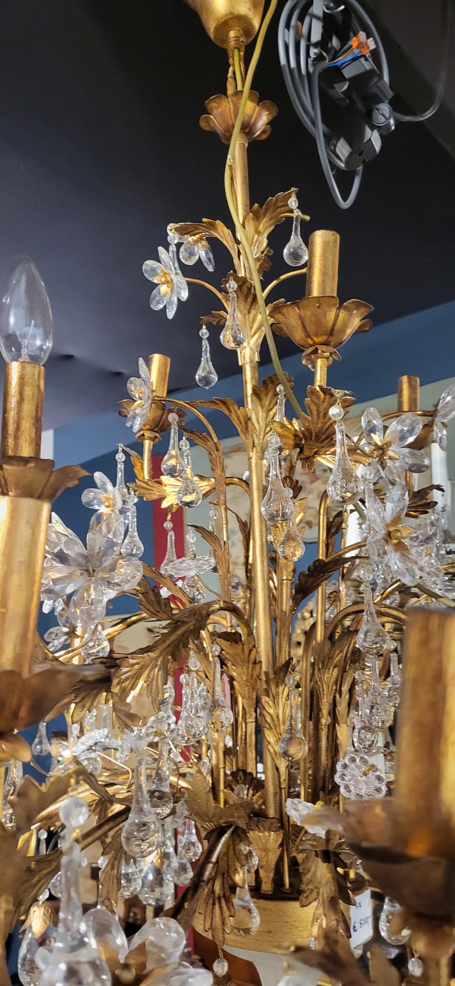 Stunning, Italian, 1930’s gilt metal, Murano crystal chandelier