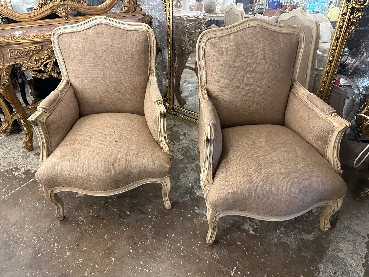 Lovely antique French arm chairs, reupholstered in linen