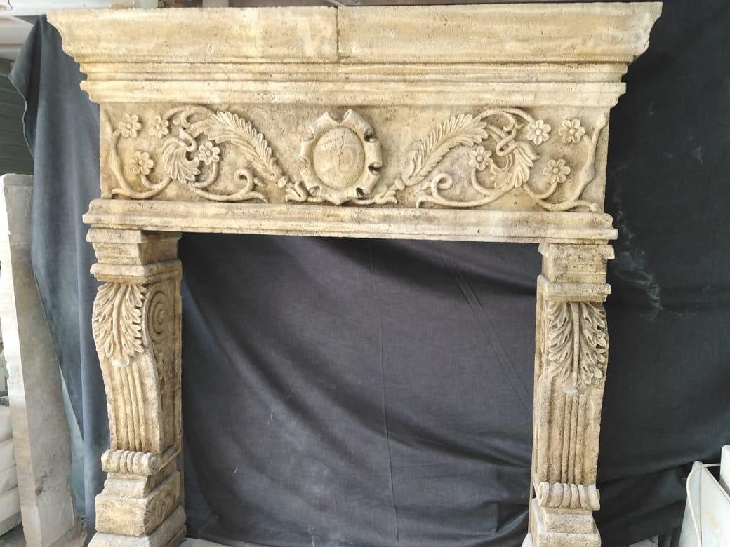 Beautiful antique sand stone Italian fireplace, hand carved