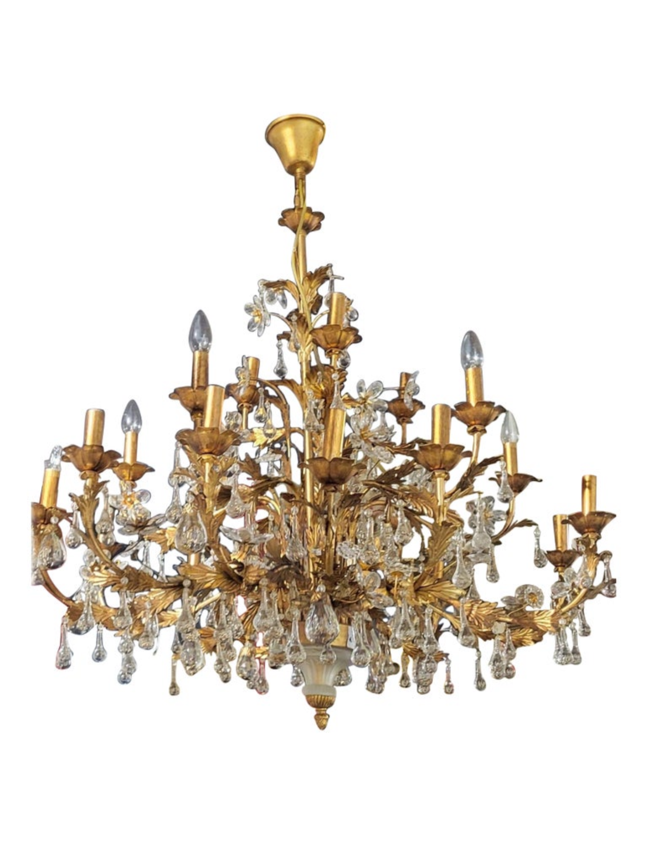 Stunning, Italian, 1930’s gilt metal, Murano crystal chandelier