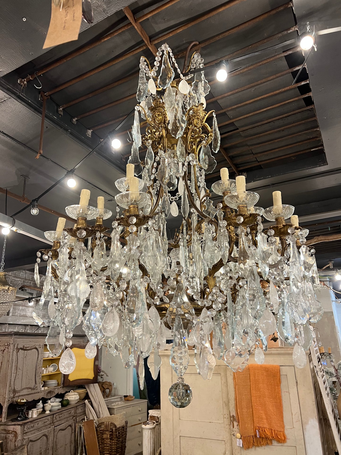 Huge, French rock crystal bronze chandeliers (pair available)