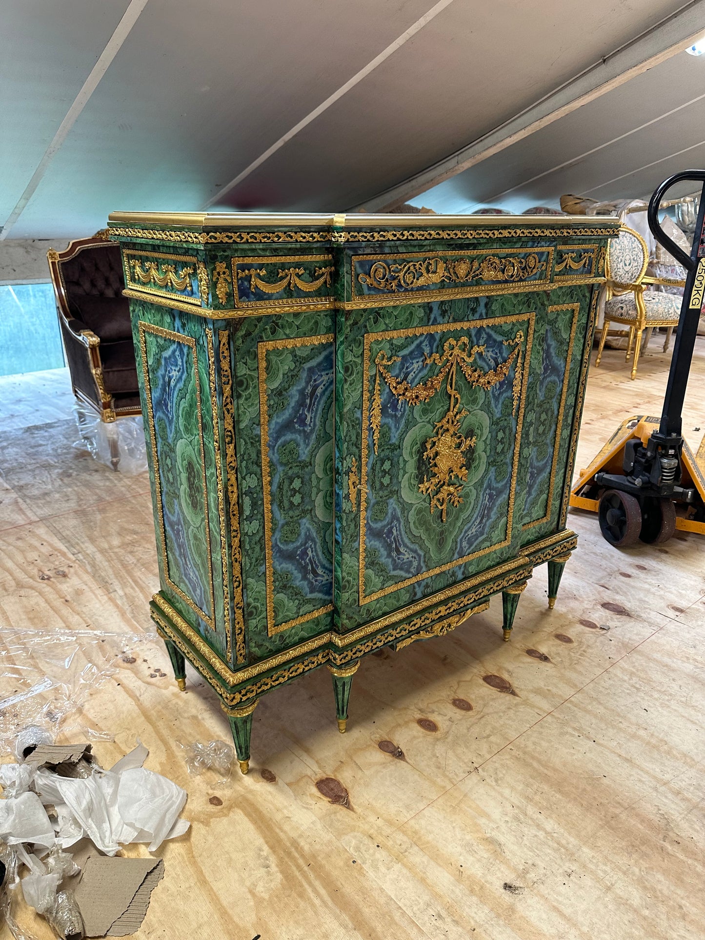 Stunning, French Louis XV, malachite coated pier cupboard