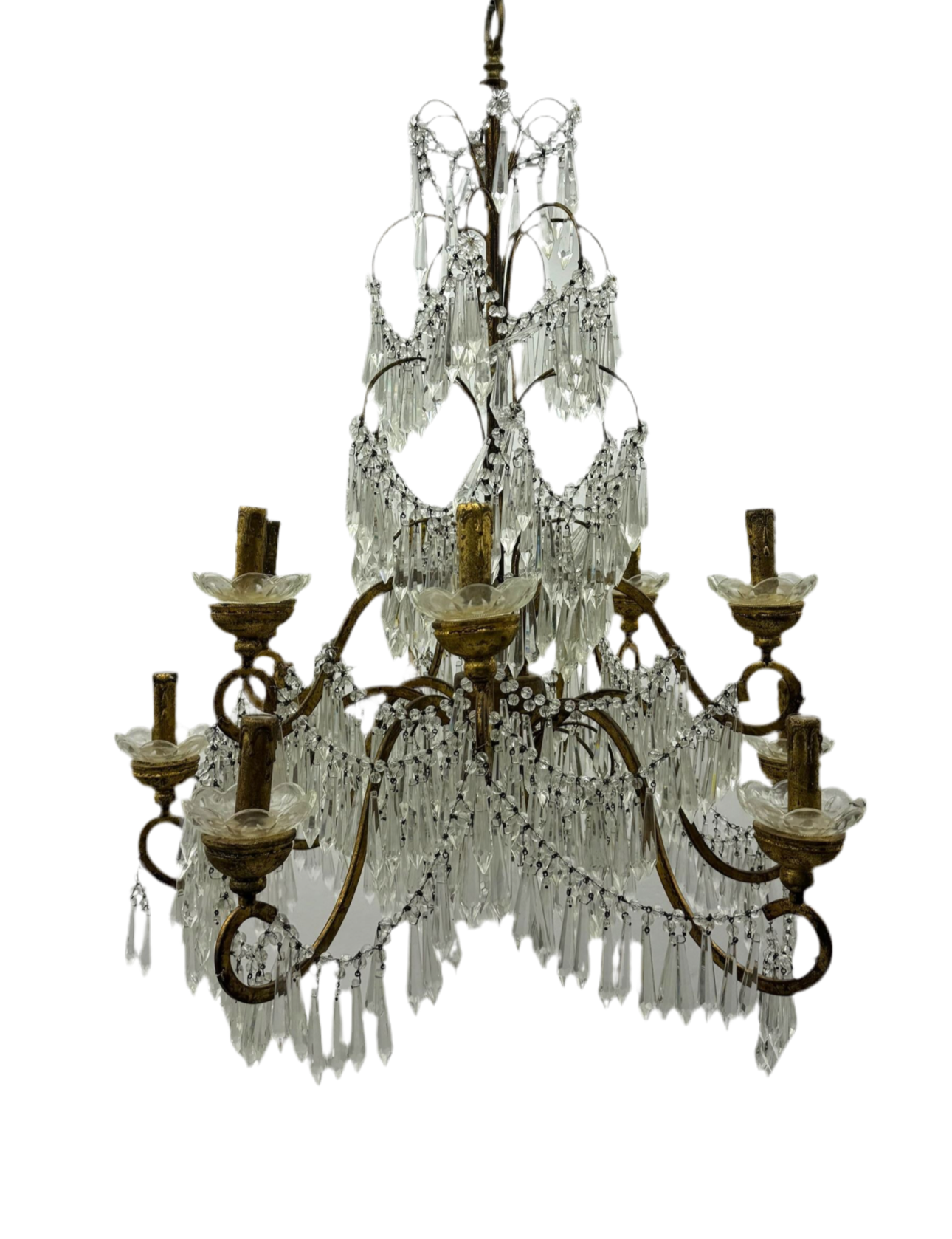 Stunning pair of Italian gilt 110cm tall chandeliers with cascading crystals