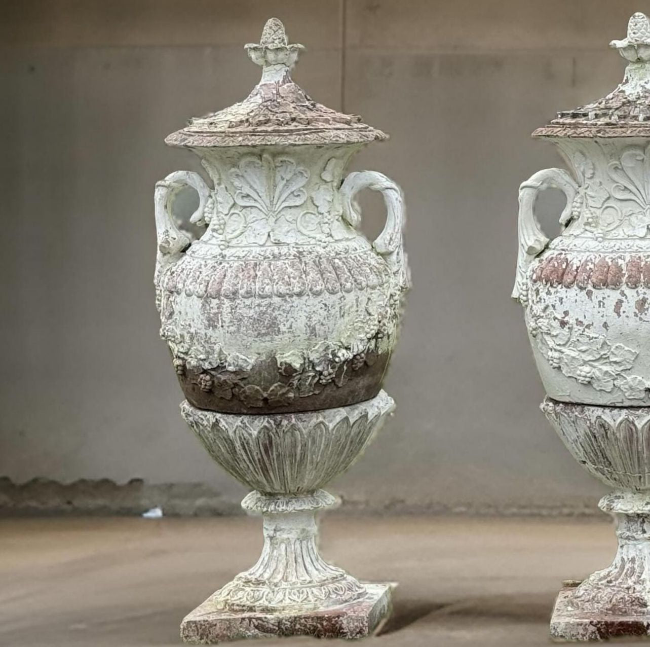 3x huge Swedish, mid 1800’s, terracotta painted urns