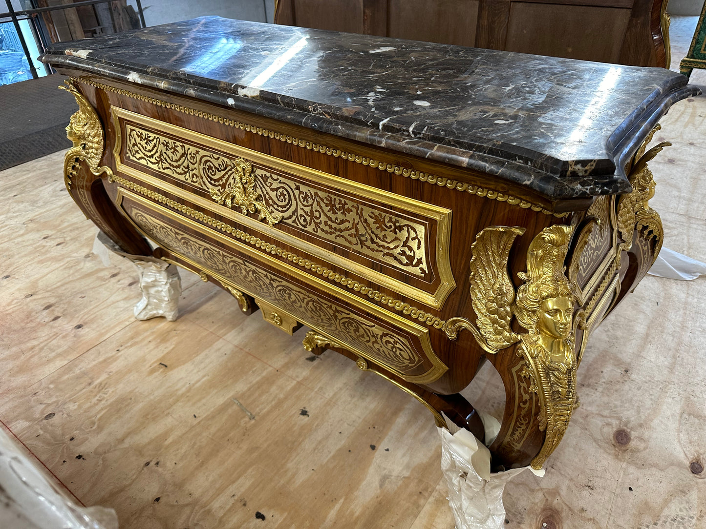 Rare, French baroque, bronze mounted chest of drawers, Linke style (pair available)