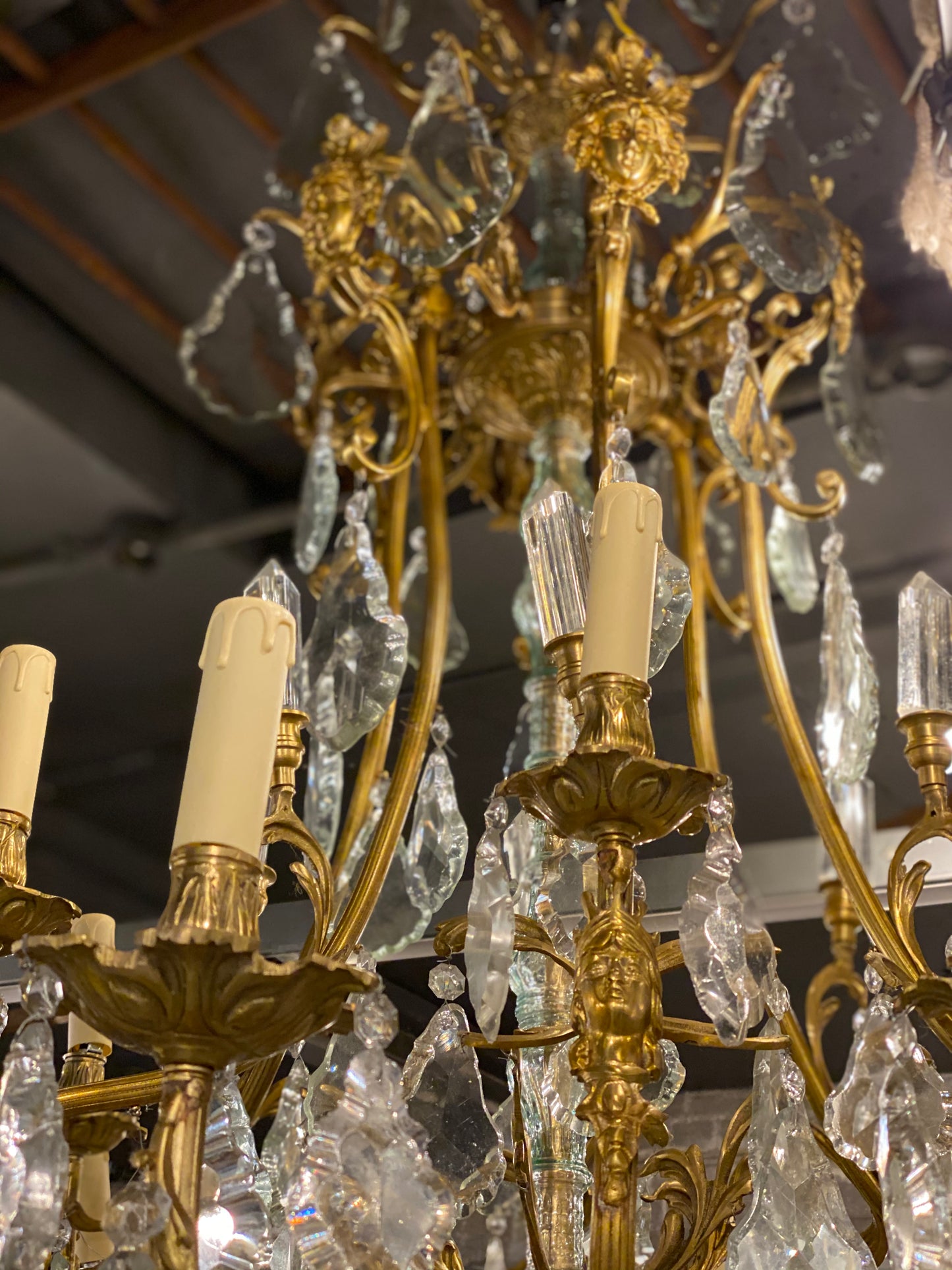 Fantastic pair of French bronze/crystal chandelier with lady head details