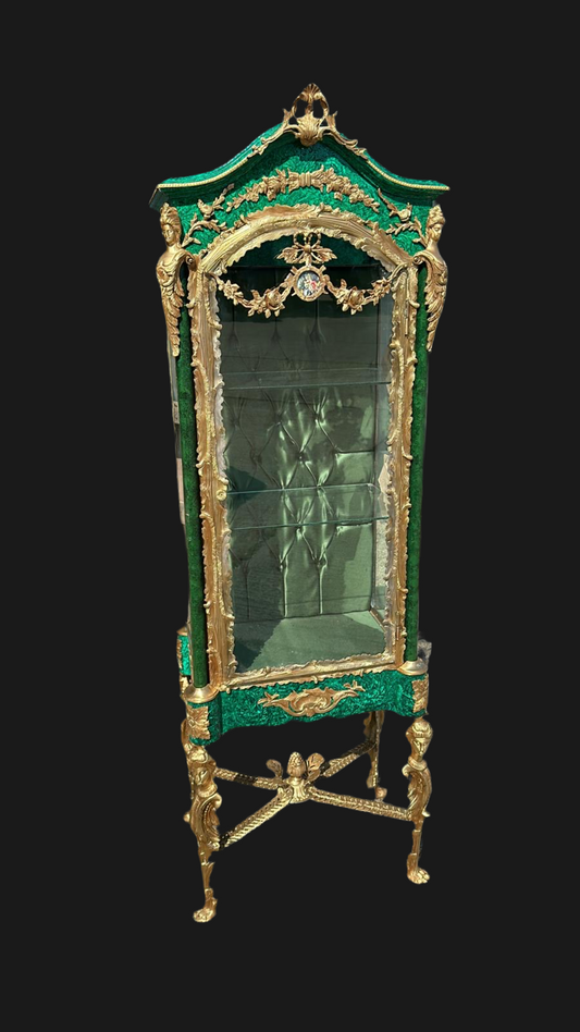 Stunning, malachite veneer, bronze ormolu vitrine (pair available)