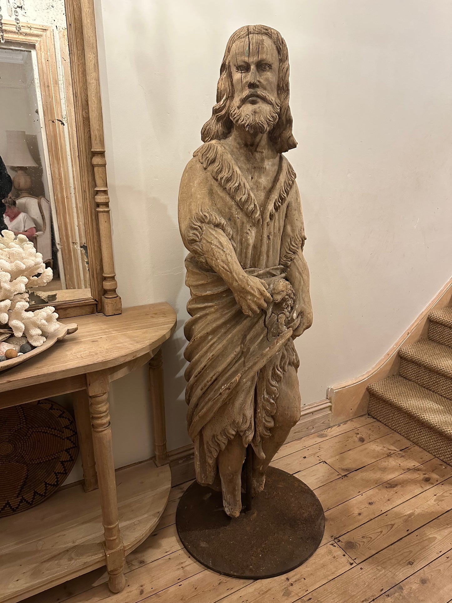 5.5ft tall, reclaimed Italian carved “Jesus” dated 1600’s, mounted on steel base. Extremely rare