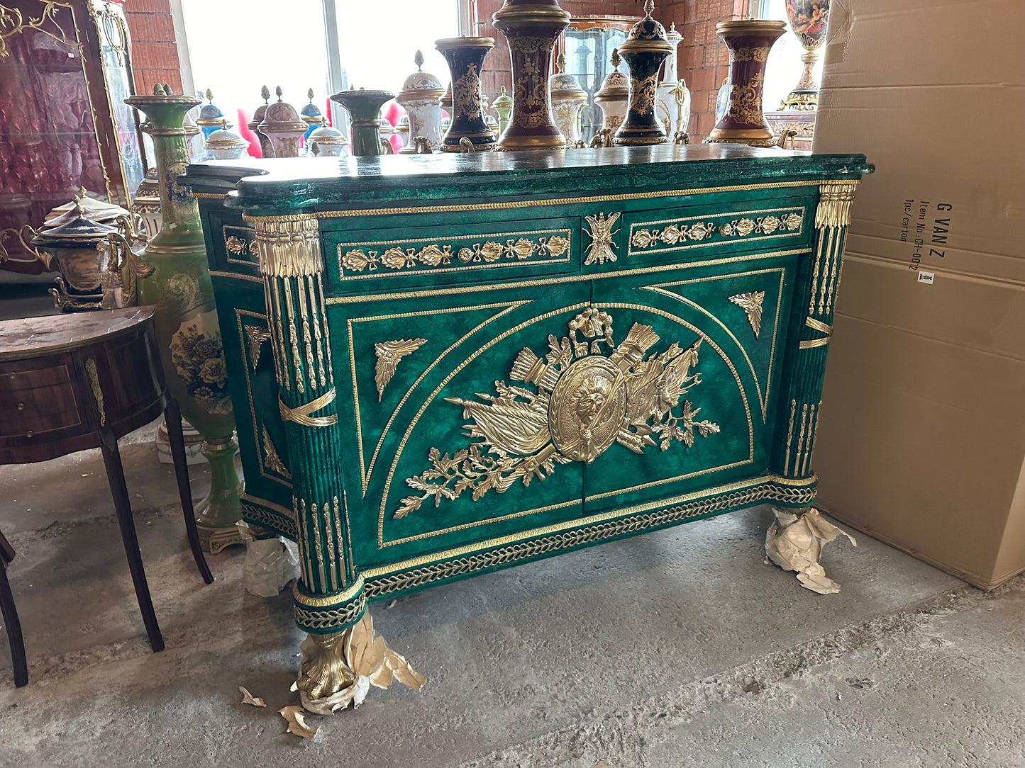 Very rare, green malachite painted marble top French buffet/sideboard (pair available)