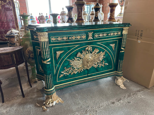 Very rare, green malachite painted marble top French buffet/sideboard (pair available)