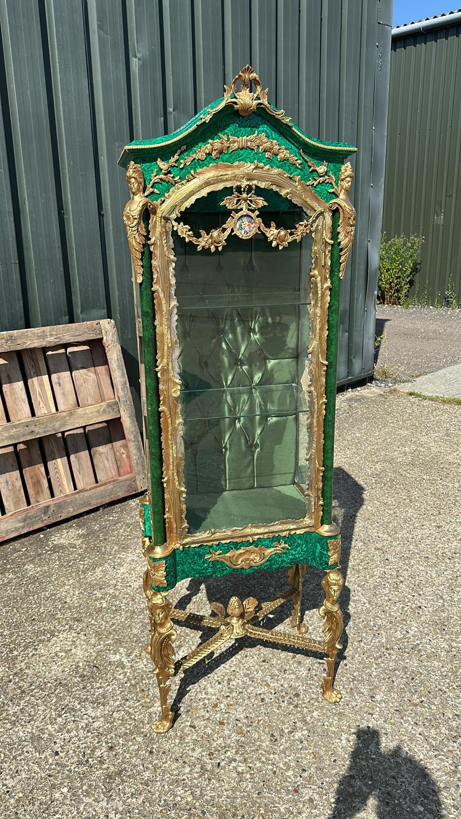 Stunning, malachite veneer, bronze ormolu vitrine (pair available)