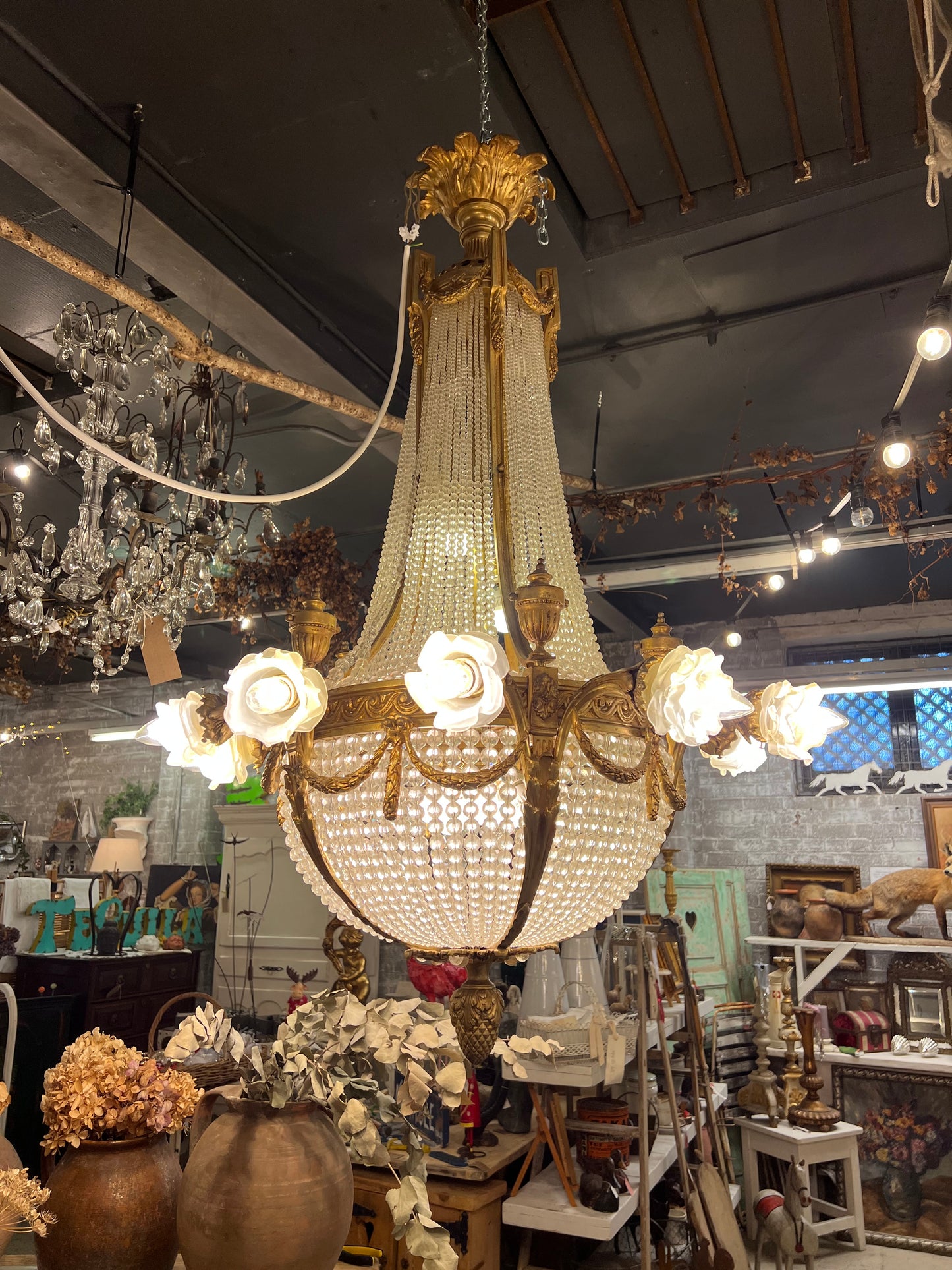 Italian, crystal and bronze empire chandelier (pair available)