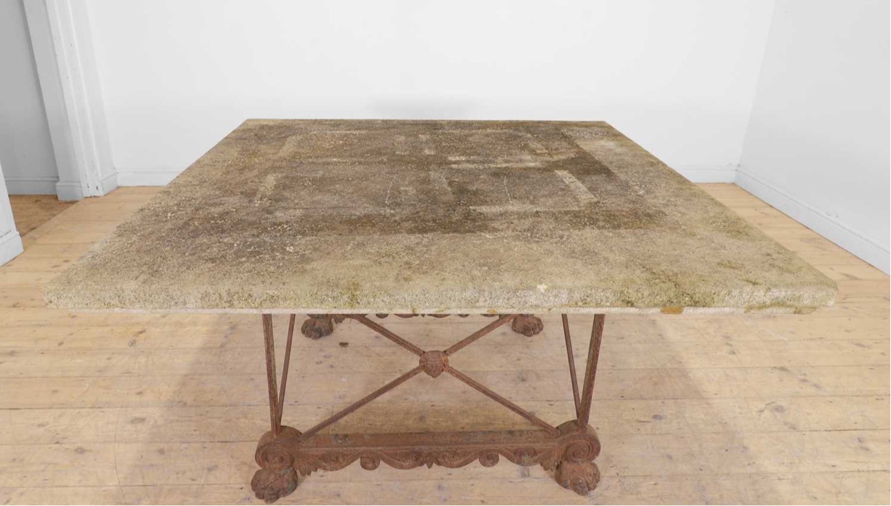 French 19thC empire stone top, iron based, table (140x140x78cm)