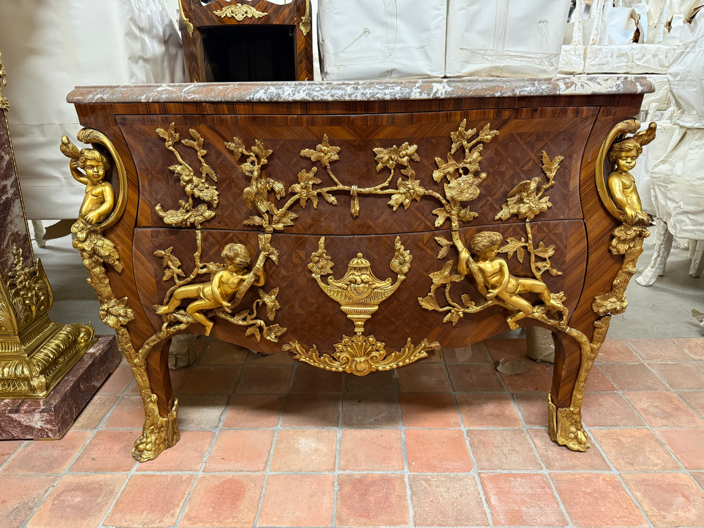 Stunning, French antique bronze mounted commode with x2 drawers