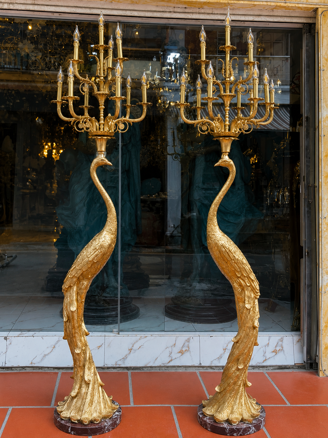 Stunning, 7ft tall, pair of bronze peacock standing lamps on marble base