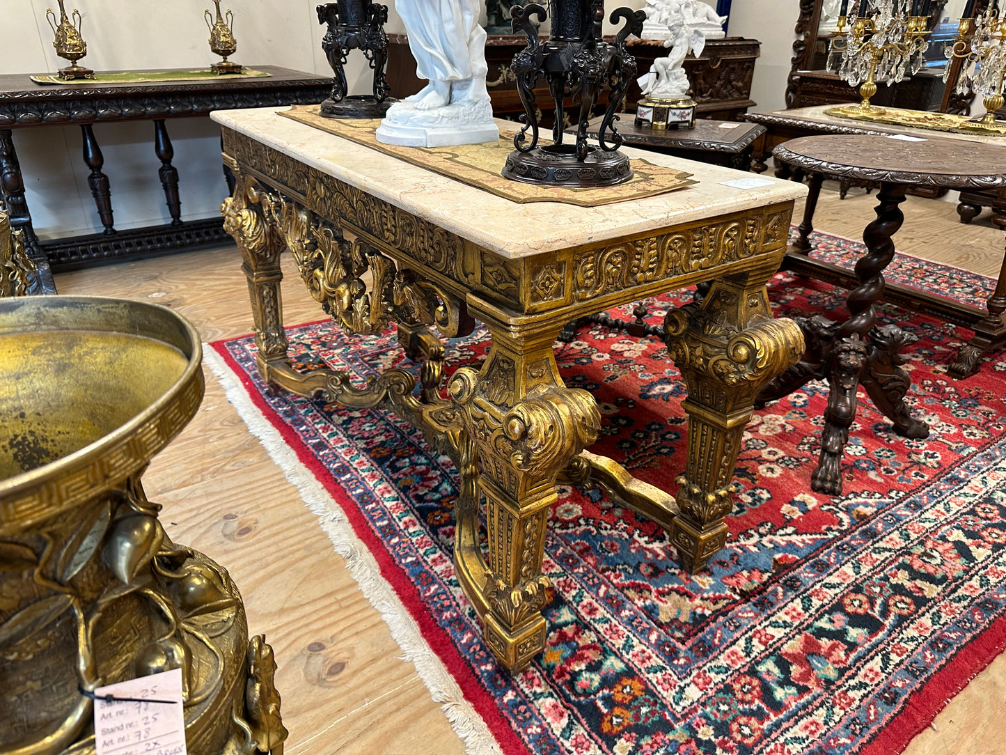 Stunning, French antique, gilt wood marble top, double sided console/centre table