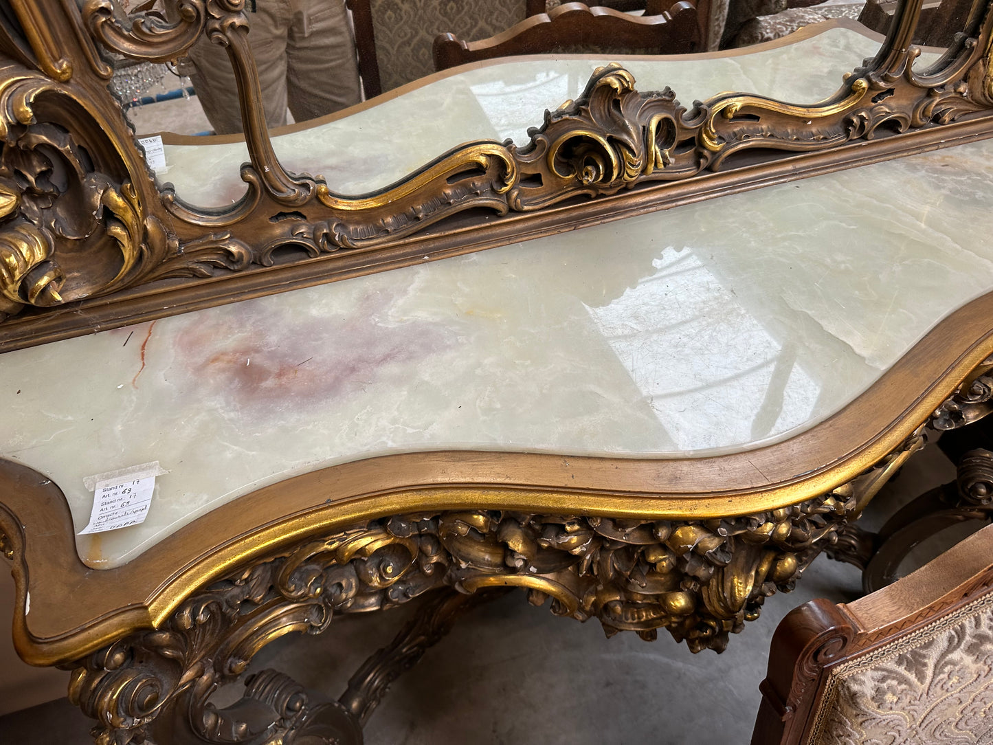 Huge, antique gilt wood, French console table and mirror, marble top