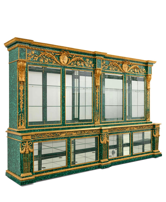 Magnificent, 1900’s, gilt bronze and malachite glass fronted French cabinet, over 12ft long