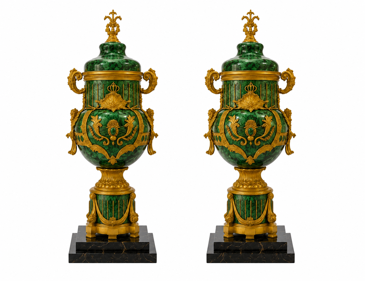 6ft pair of magnificent, marble bronze and malachite urns