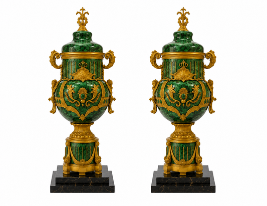6ft pair of magnificent, marble bronze and malachite urns