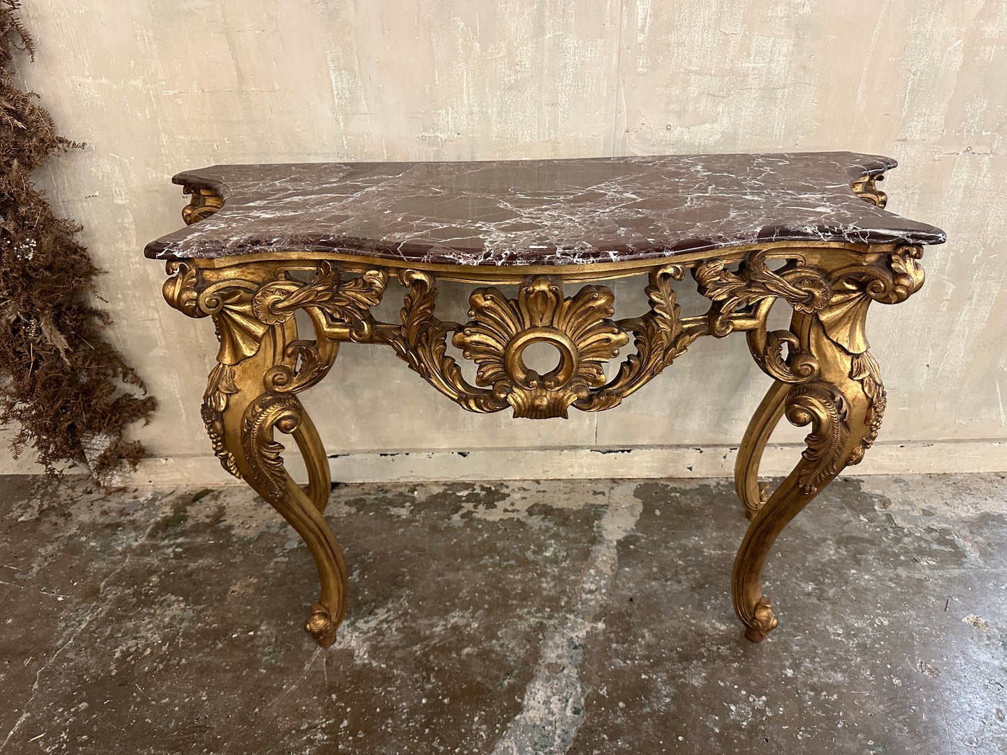 Fantastic antique French gilt wood console table with marble top (pair available)