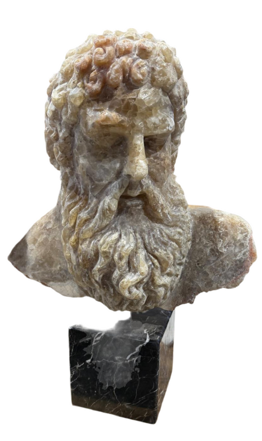 Impressive, 1 piece, hand carved solid calcite crystal Greek God, on marble plinth